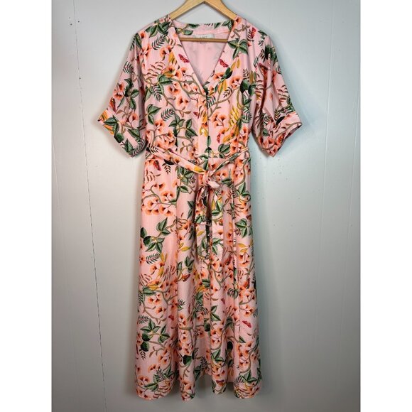 LOFT Dresses & Skirts - LOFT Midi Shirt Dress 10 Peach Pink Tropical Floral Button-Through Belted
